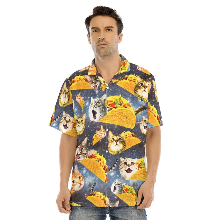 A man wearing a Hawaiian shirt with a cat face print