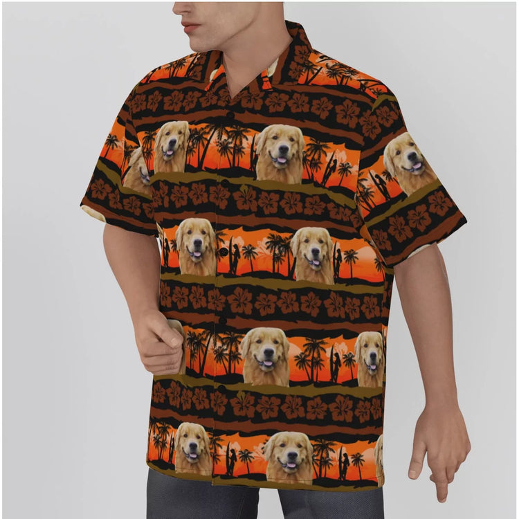 A man wearing a Hawaiian shirt with a print of a dog's face on it