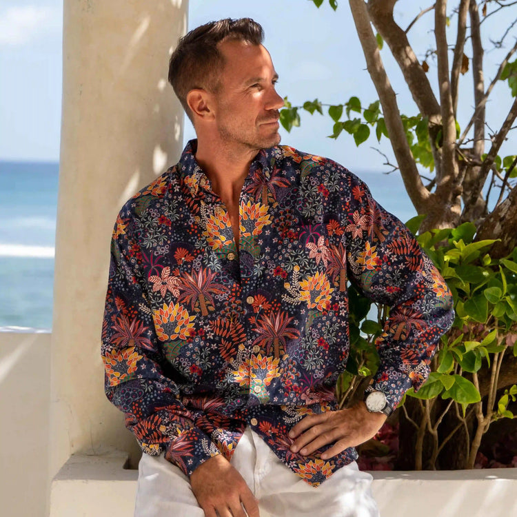 A model giving a pose with long sleeve Hawaiian shirt