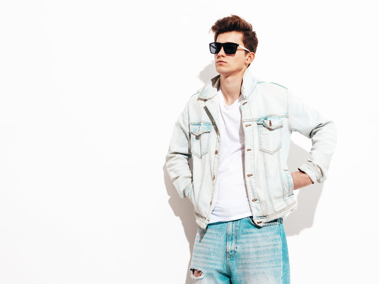 New men's Jacket showcased by a USA male model in a white background with black sunglasses