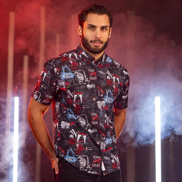 A young model is posing while wearing our Hawaiian shirts designed with Star Wars theme