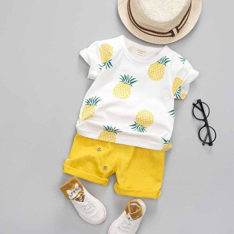 Kids Summer Beach Syle Short-Sleeve Pineapple Print T-Shirt And Shorts
