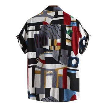 Colorful short sleeve Hawaiian shirt featuring ethnic-inspired print