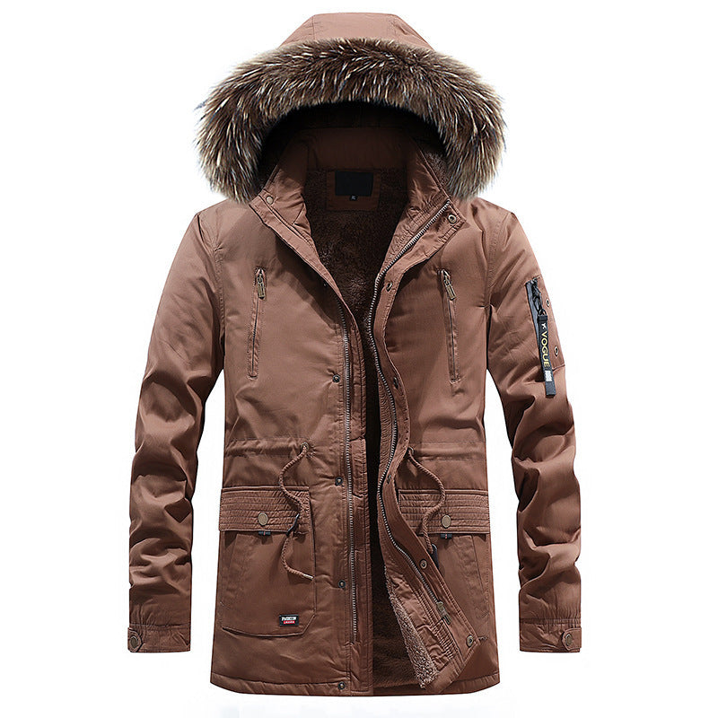Warm men's winter jacket with fleece lining and windproof hood