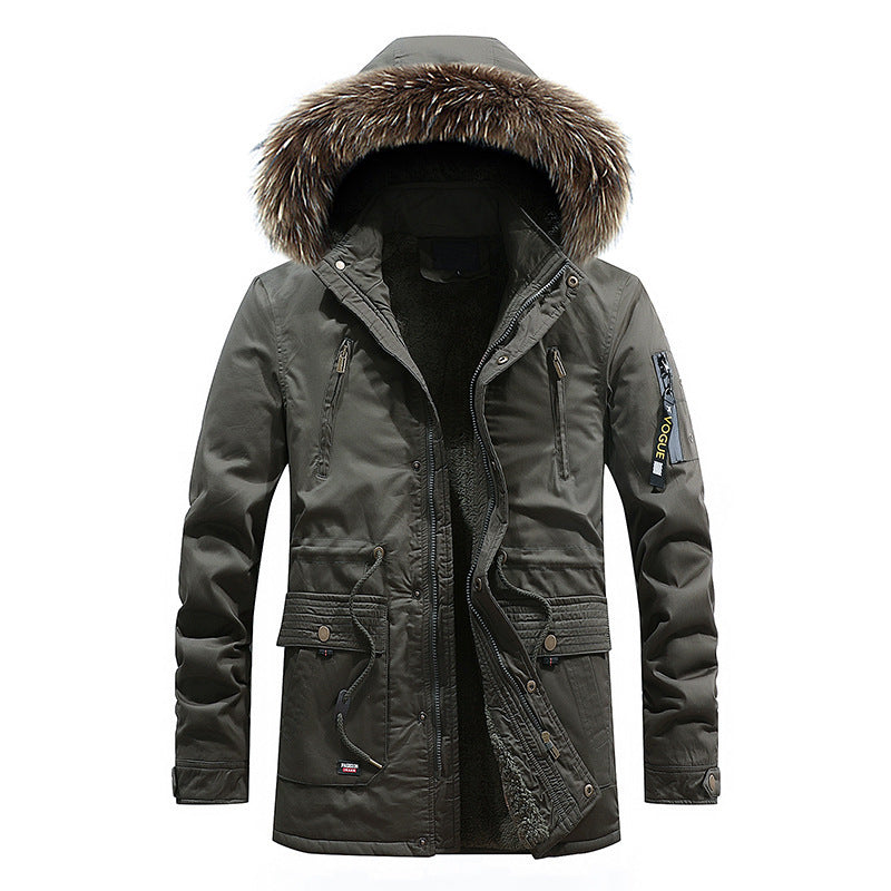 Stylish men's long green jacket with windproof hood and plush fur collar
