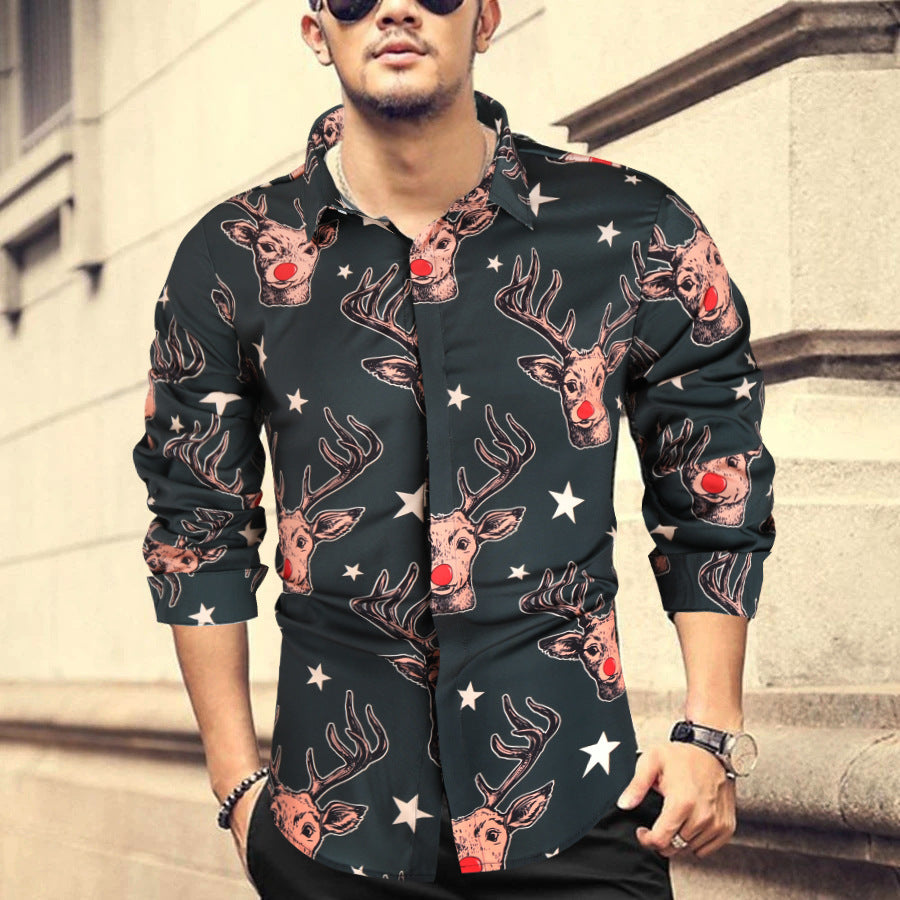 Sleigh Bells & Palm Trees with Reindeer (Long Sleeves!): Embrace the holiday spirit with a quirky long-sleeve Hawaiian shirt that blends Christmas themes with a tropical vibe, featuring Santa's reindeer.
