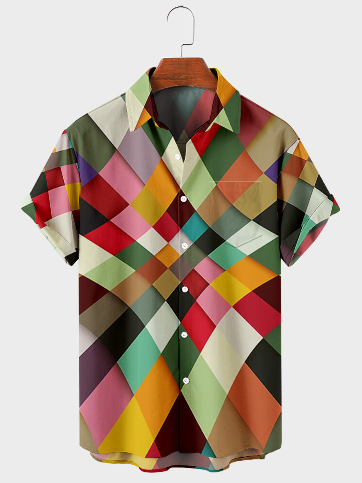 Men's lapel shirt featuring colorful geometric stripe digital print, short sleeve