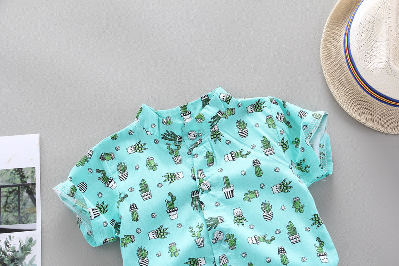 Boy's Green and Gray Hawaiian Cactus print Shirt
