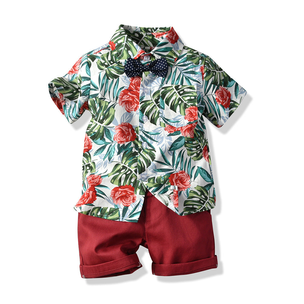 Boy's Tropical Leaf Printed Short Sleeve Hawaiian Shirt with shorts