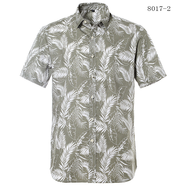 Olive color short sleeve beach shirt for men with tropical leaf print