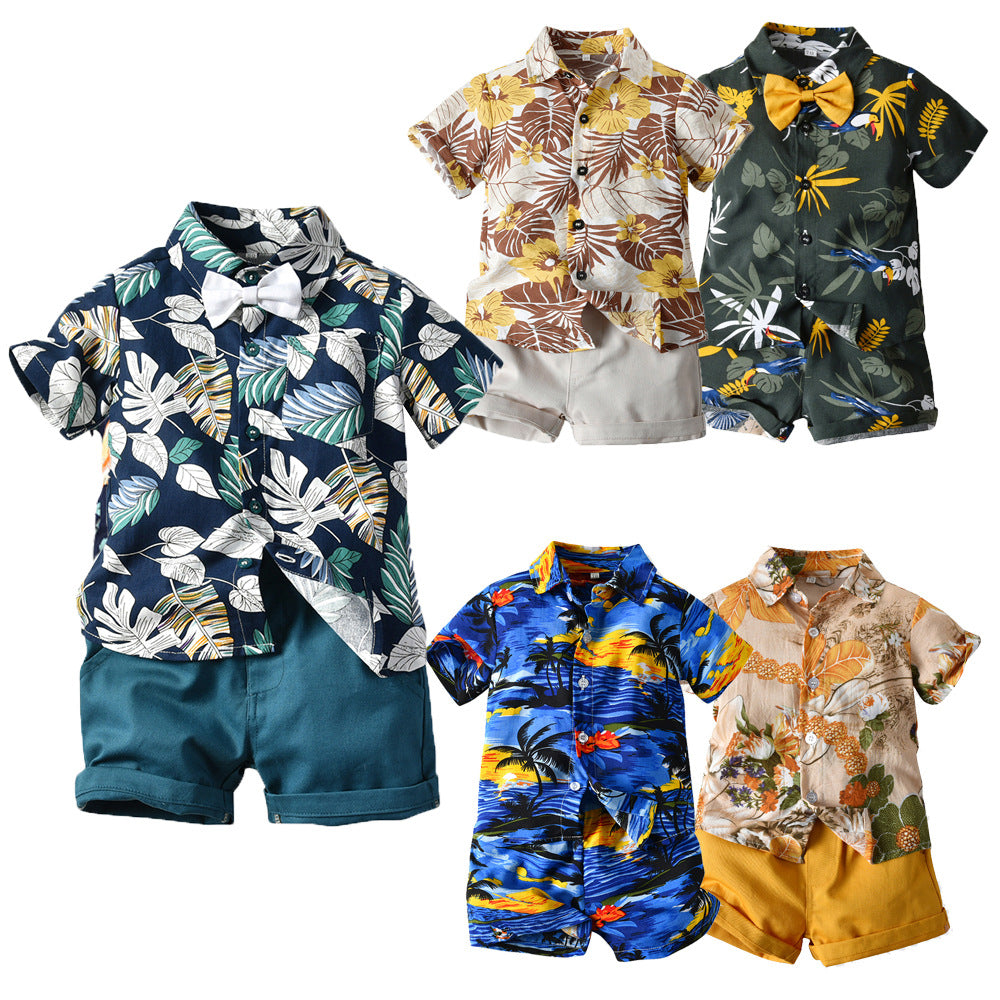 Boys' summer outfit featuring a printed shirt and comfy shorts