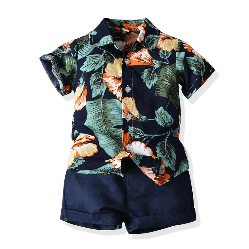 Summer Short Sleeve Hawaii's Vive Printed Aloha Shirt And Shorts Set