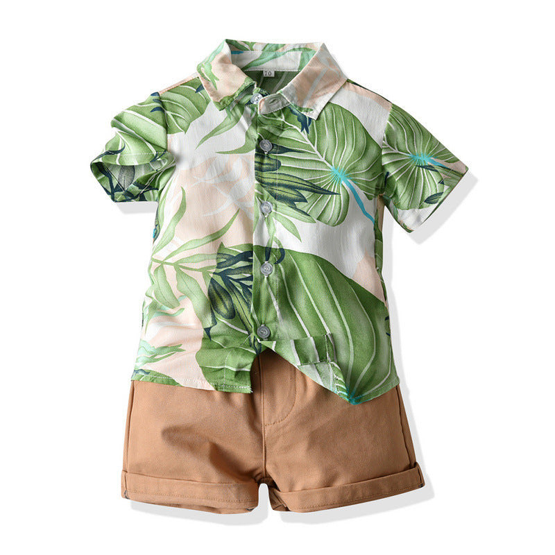 Boys' printed shirt and shorts set, perfect for warm weather