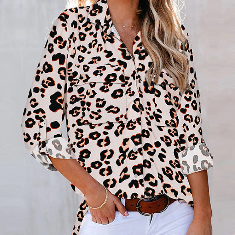 Women's Leopard Print V-neck Hawaiian Style Beach Shirt