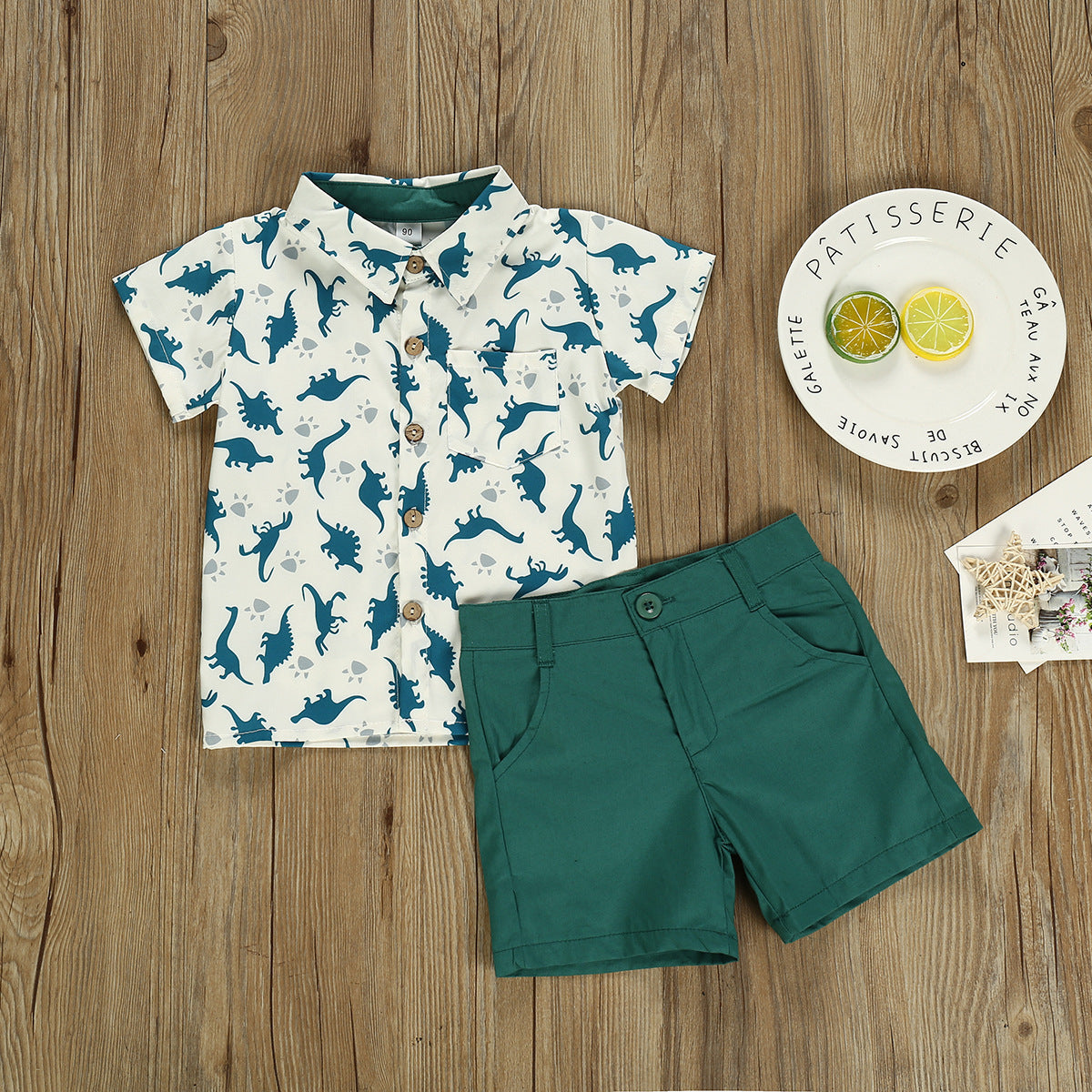 Boys' Dinosaur Print Summer Hawaiian Outfit: Shirt And Pants