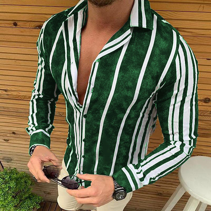 Men's Long Sleeve Shirt Striped Print Slim Lapel Long Sleeve Shirt
