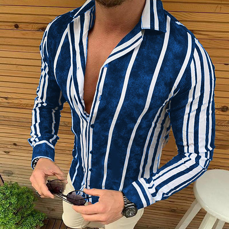 Men's Long Sleeve Shirt Striped Print Slim Lapel Long Sleeve Shirt