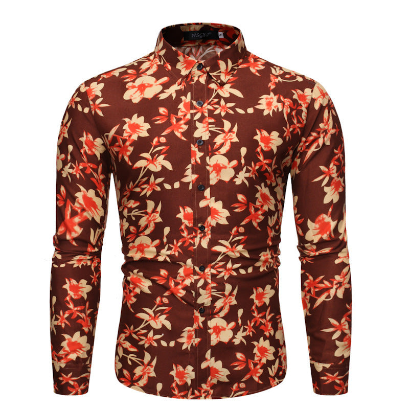 Men's Long Sleeve Printed Shirt Fashion Flower Shirt