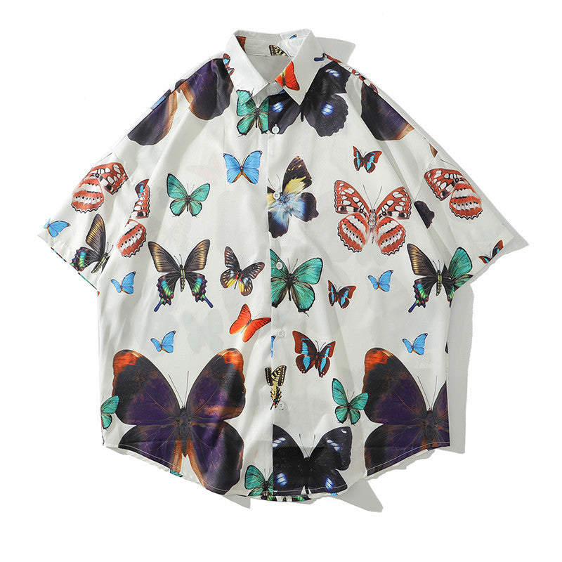Kids Butterfly Printed Hawaiian Style Loose-Fit Beach Shirt