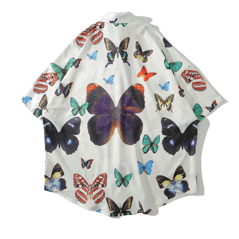 Kids Butterfly Printed Hawaiian Style Loose-Fit Beach Shirt