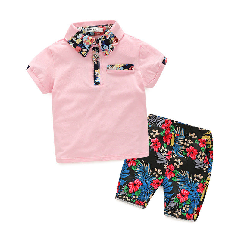 Boy's Floral Hawaiian Style Beach Shorts With T-shirt