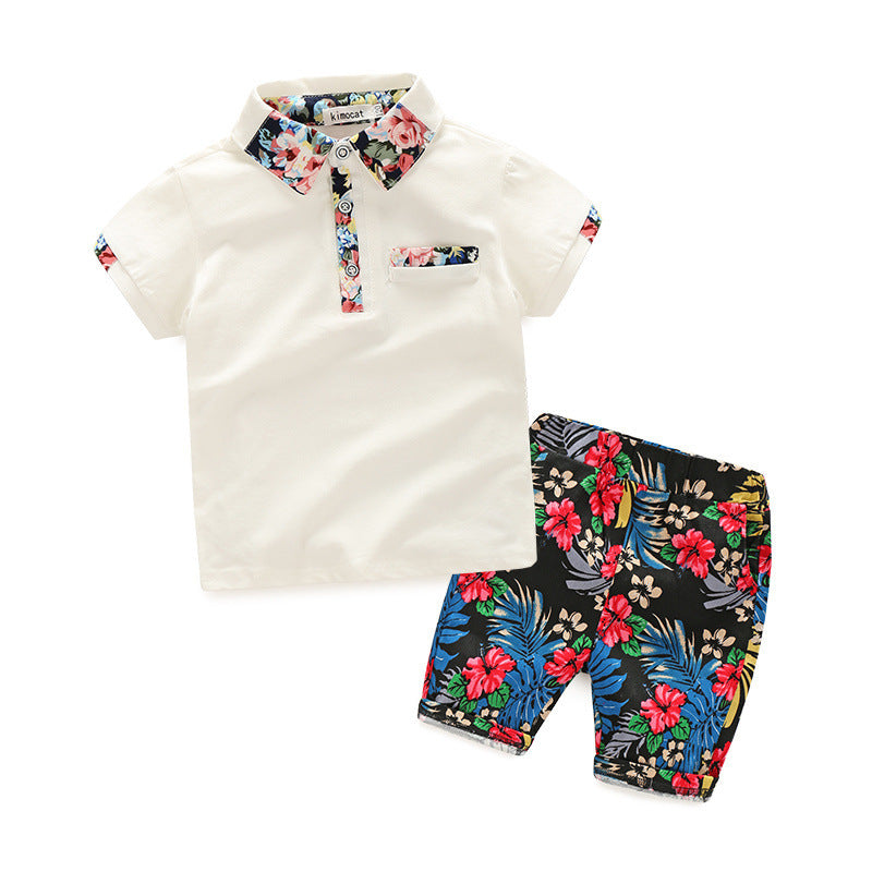 Boys' spring suit with a floral printed shirt and matching pants.