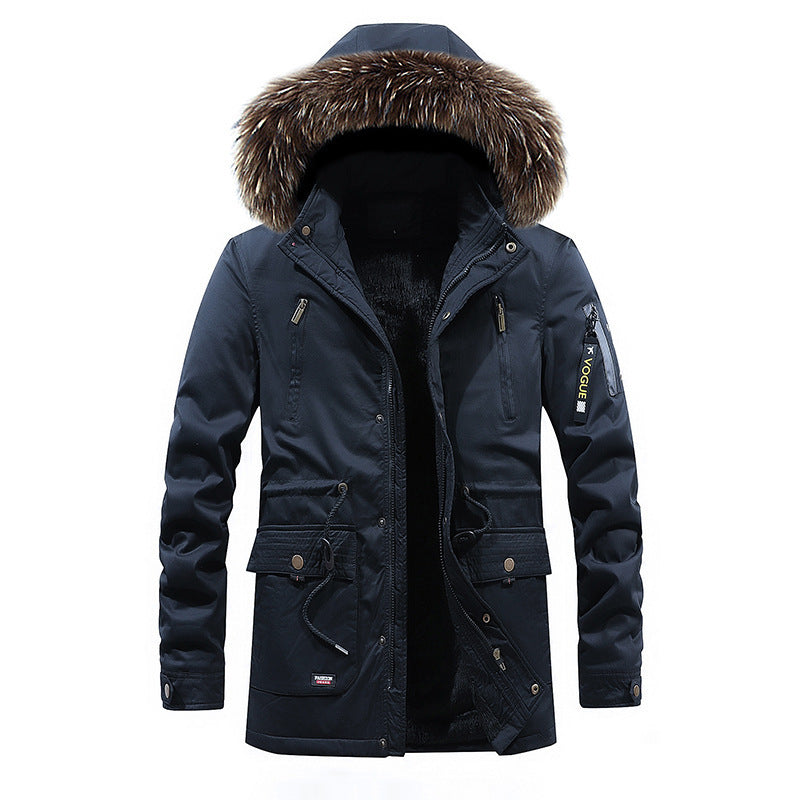 Men's fur collar long jacket, windproof with fleece lining, ideal for winter