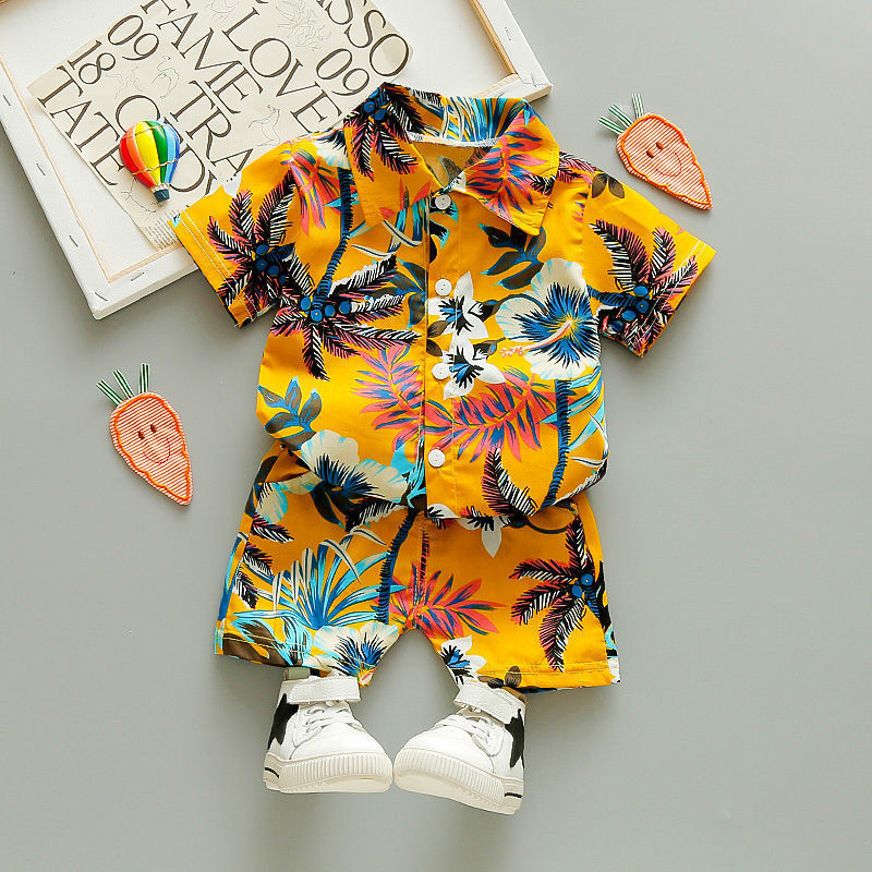 Boy's Matching Sun & Flower Printed Floral Hawaiian Shirt Set