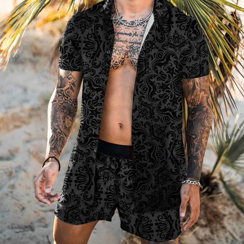 Beach Style Loose Shirt Hawaiian Print Two-Piece Suit