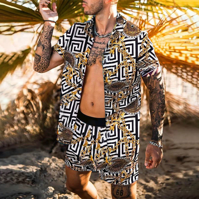 Beach Style Loose Shirt Hawaiian Print Two-Piece Suit