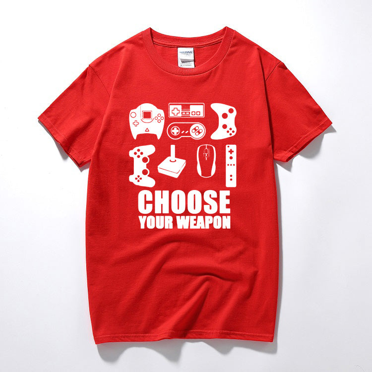 Red game controller tee on a white background