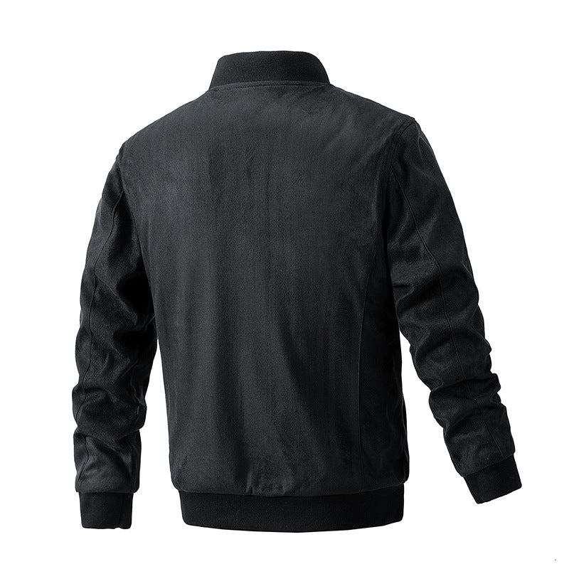 Men's suede stand collar double zipper denim jacket.