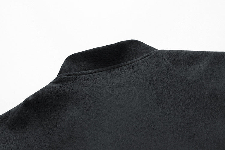 Black color stand collar men's double zipper denim jacket back side design 