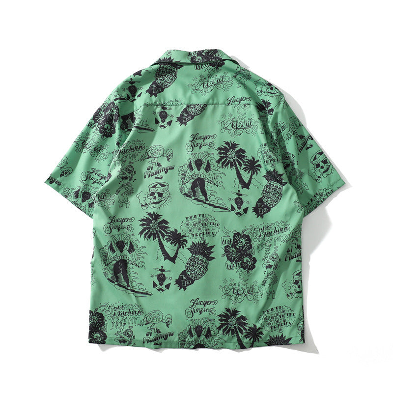 Korean American Cartoon Print Shirt Hip-hop Vintage Port Style Harajuku Loose Hawaiian Jacket Men