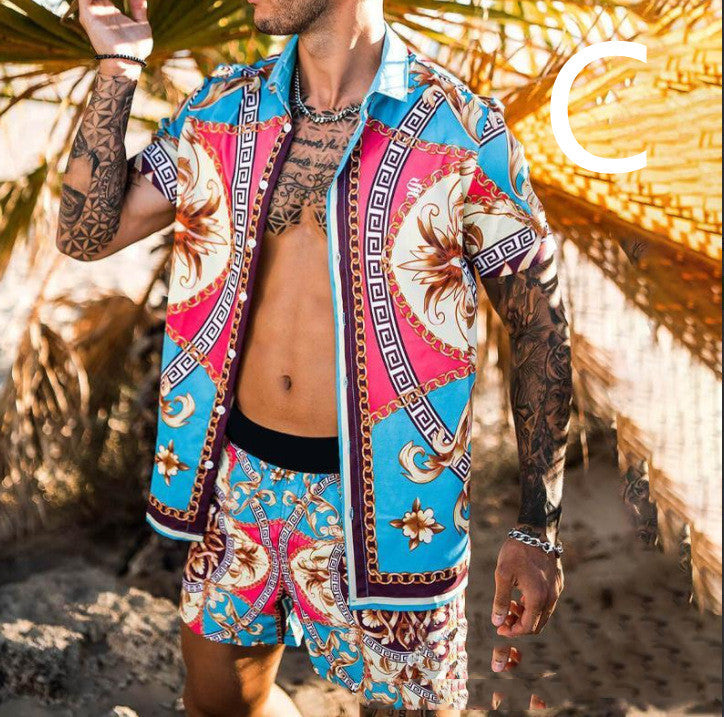 Beach Style Loose Shirt Hawaiian Casual Suit Men's Printed Two-piece Suit