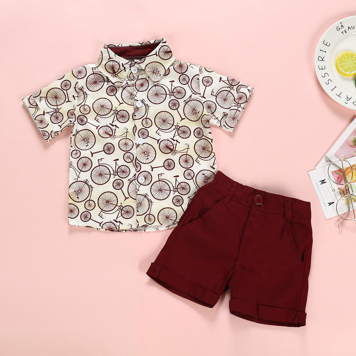 Boy's Summer Bicycle Print Beach Shirt with Wine Red Shorts