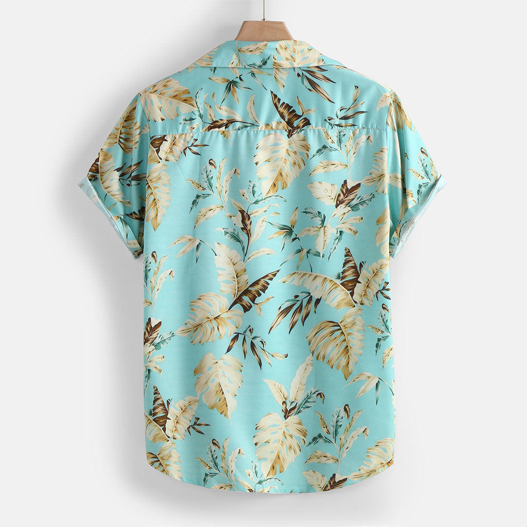 Men's Short Sleeve Tropical Leaf Printed Blue Hawaiian Shirt