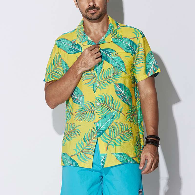 speed sell Amazon men's new beach shirt Hawaiian cotton short-sleeved lapel men's explosions T-shirt