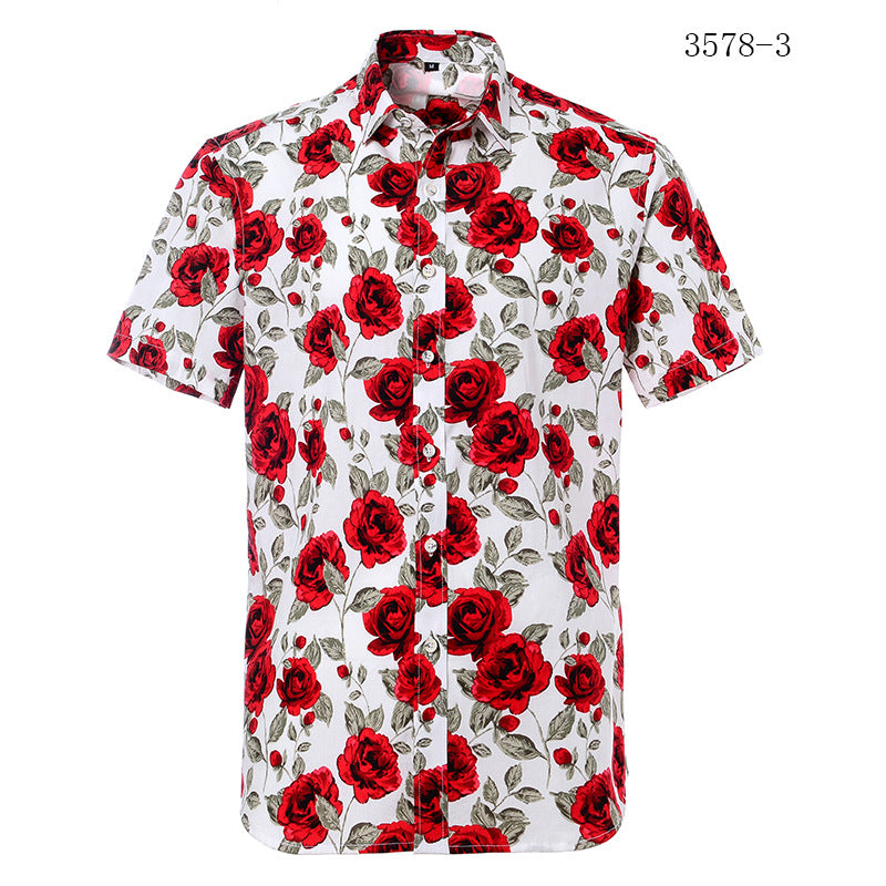 Men's Hawaiian beach shirt featuring rose printed floral design, short sleeve white and red.