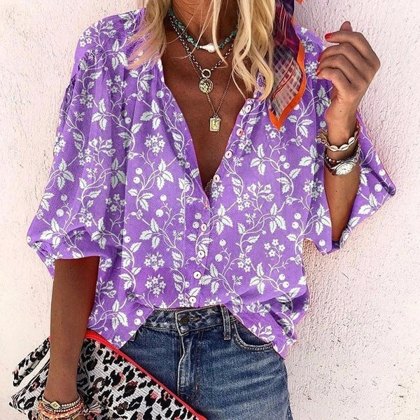 Beachy chic with a pop: Floral v-neck Hawaiian shirt adds a touch of island flair