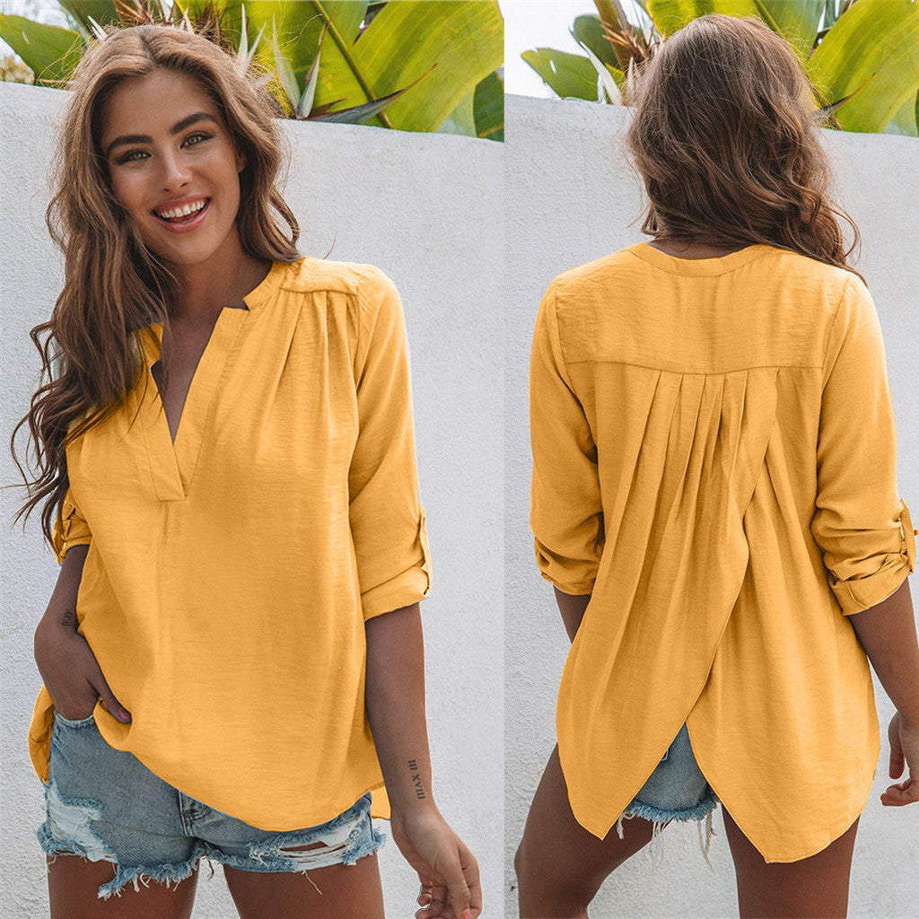 Women's V-Neck Long Sleeve Solid Color Casual Beach Shirt