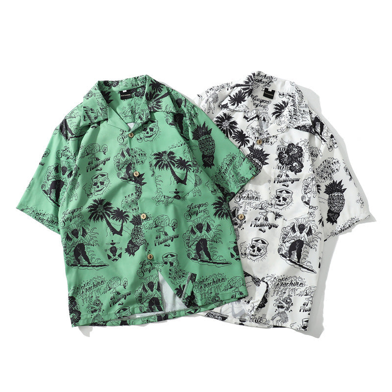 Korean American Cartoon Print Shirt Hip-hop Vintage Port Style Harajuku Loose Hawaiian Jacket Men