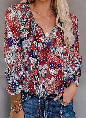 V-neck vibes: Woman styles a long-sleeved floral Hawaiian shirt with a V-neck cut.