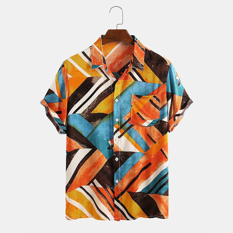 Men's casual shirt with vibrant geometric printed color block pattern