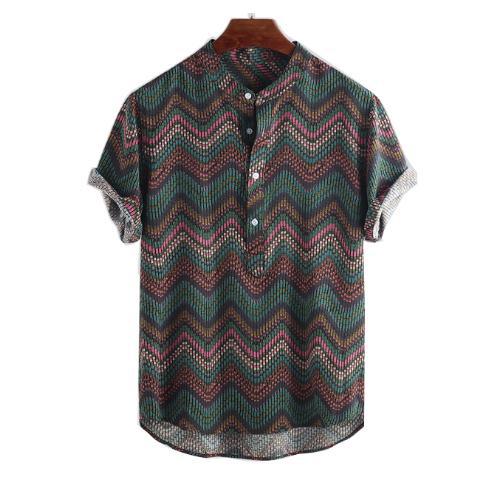 Short sleeve shirt with V-neck and wave print, casual style