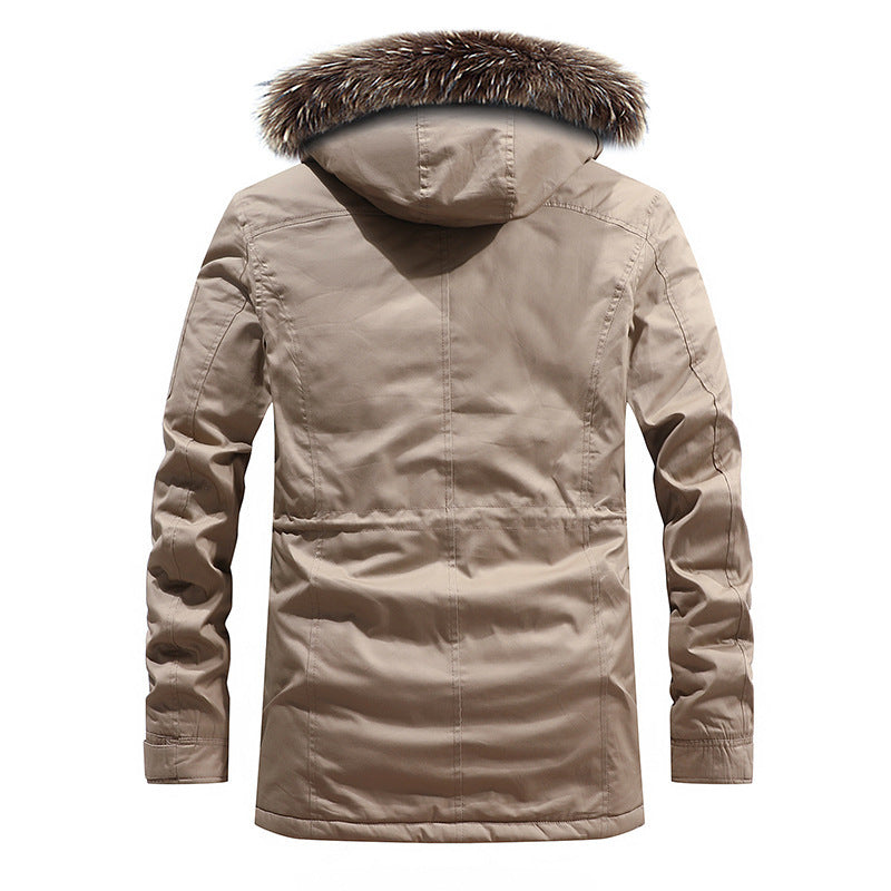 Long fleece windproof hooded men's jacket with warm fur collar