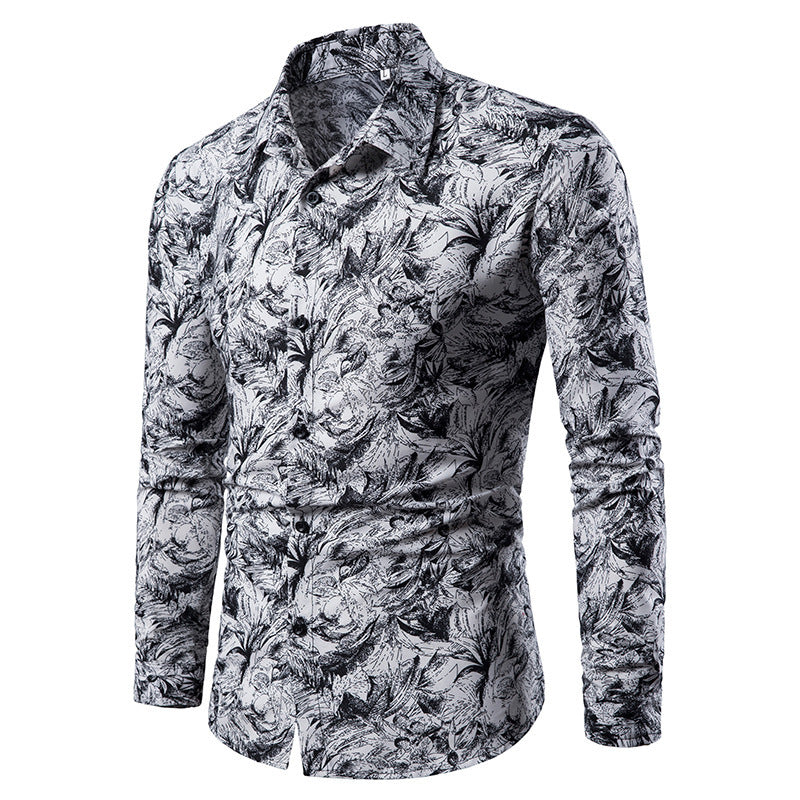 Breezy Layers: Men's Long-Sleeve Leaf Print Shirt. Lightweight comfort and a botanical print for a relaxed look.(