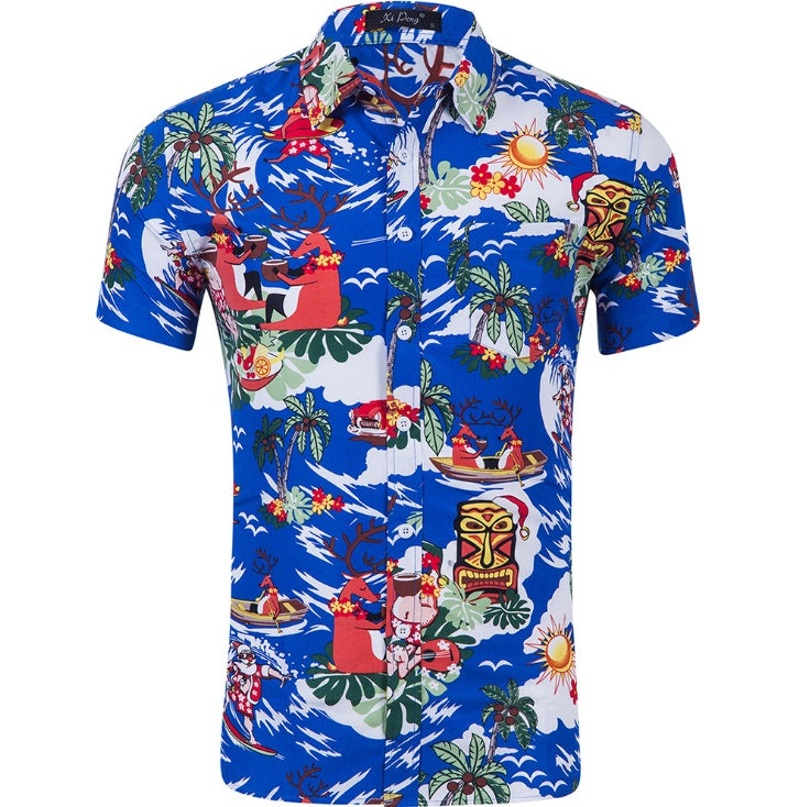 Santa's Island Getaway: Men's Christmas Hawaiian Shirt. Spread holiday cheer in a festive Hawaiian shirt adorned with Christmas imagery.