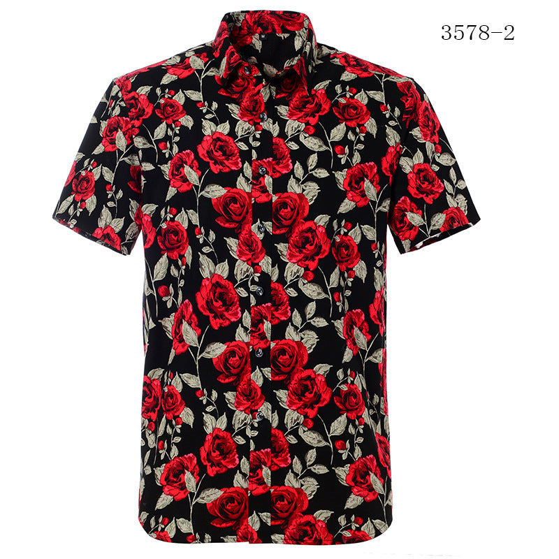 Black and red rose printed floral short sleeve Hawaiian beach shirt for men