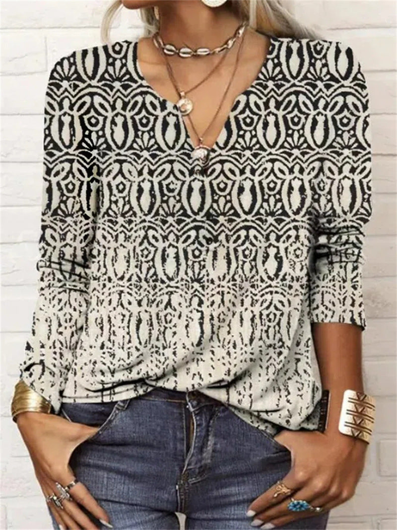 Tropical layers in vibrant bloom: Long-sleeve floral Hawaiian t-shirt with a V-neck for a breezy and stylish island look